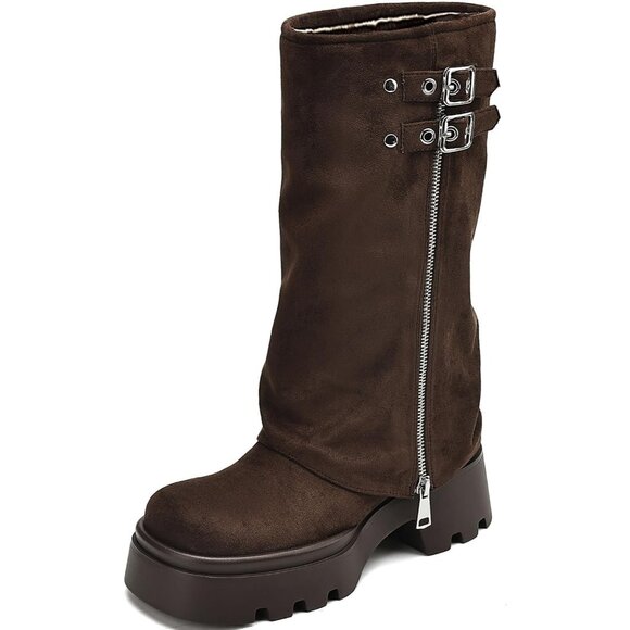 ⚡Women's Brown Suede Knee High Riding Boot Chunky Platform Low Heel Round Toe - Picture 1 of 5